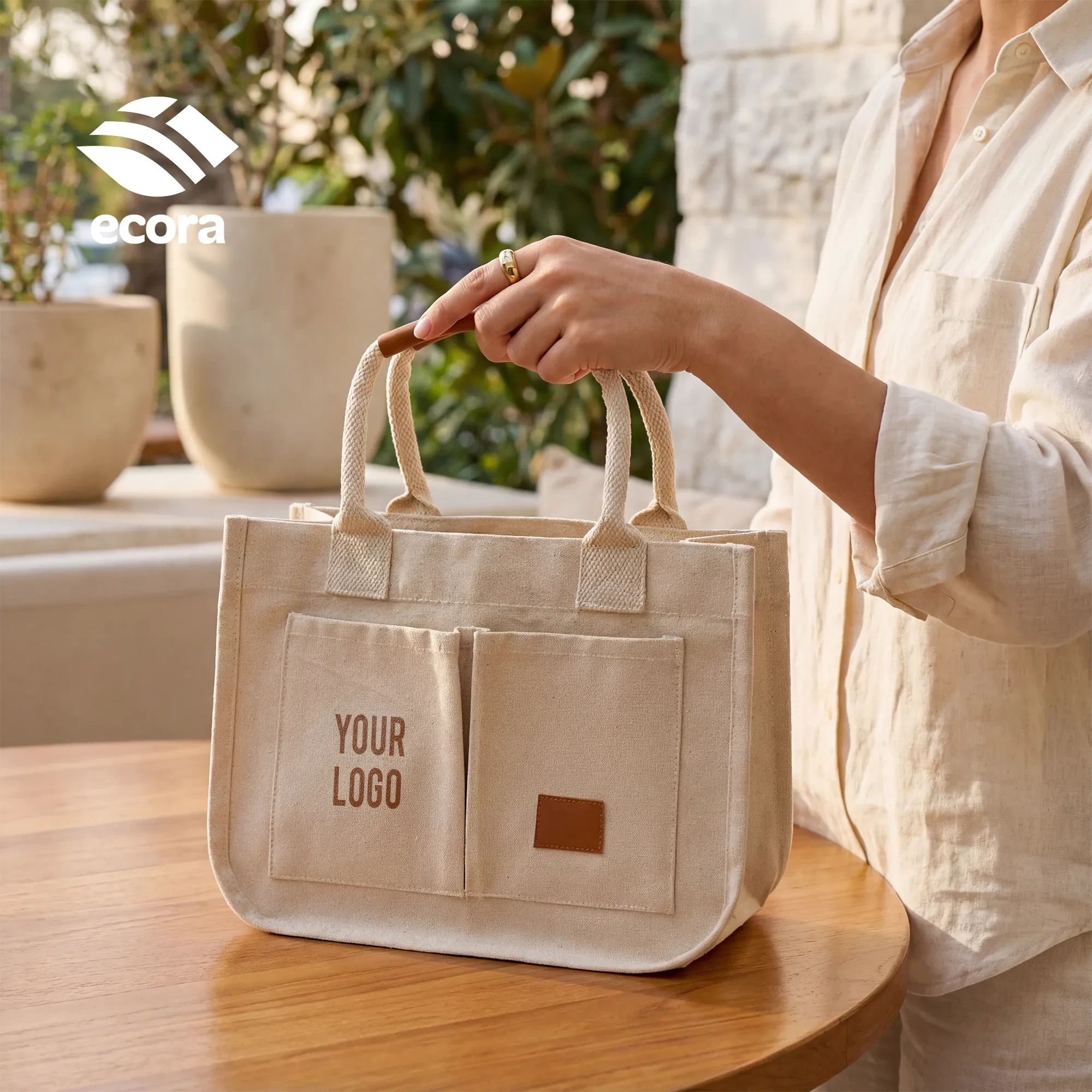 Ecora Laminated Canvas Tote with Leather Handles — 280 GSM Natural